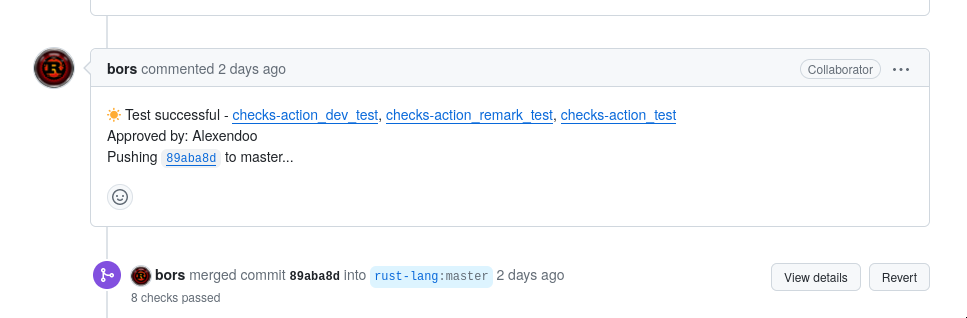 the bors Github bot merging the pull request