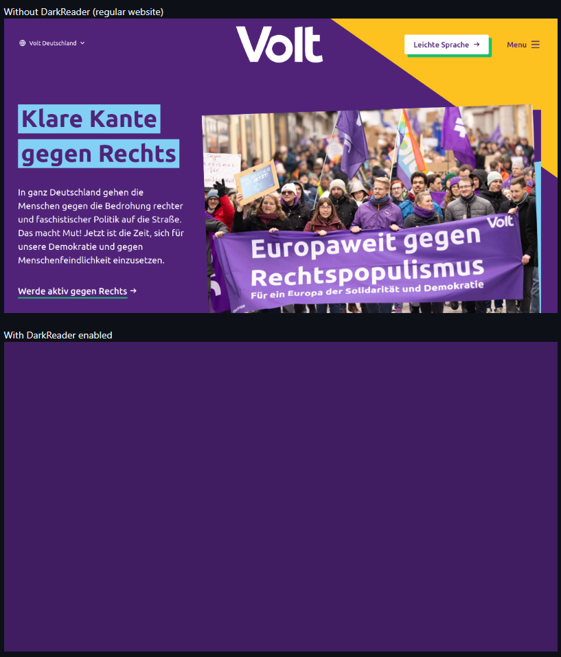 screenshots of broken voltdeutschland.org site