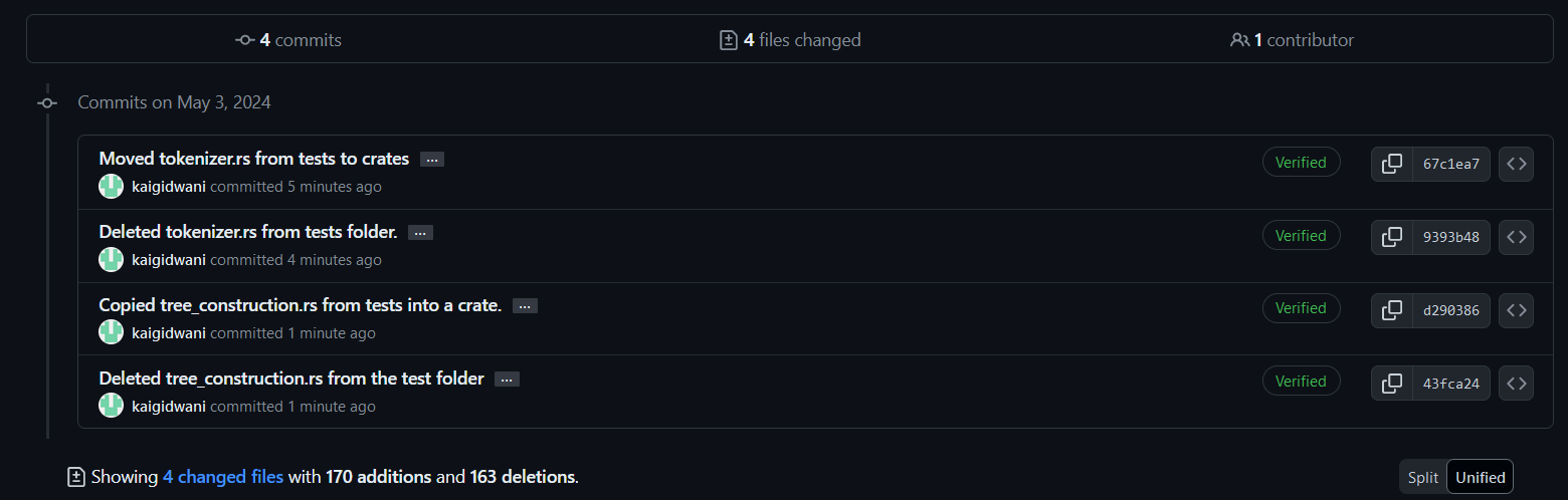 A list of the 4 commits I made. They are titled Moved tokenizer.rs from tests to crates, Deleted tokenizer.rs from the tests folder, Copied tree_construction.rs from tests into a crate, and Deleted tree_construction.rs from the tests folder.