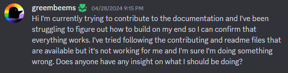 Message from greembeems in discord describing issue with building documentation for MonoGame