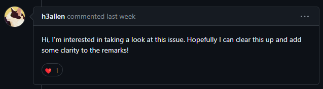Response from h3allen stating interesting in solving the issue and adding clarity to the docs