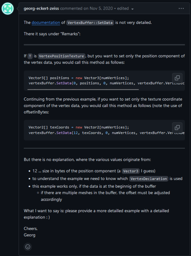 Issue by georg-eckert-zeiss describing lack of detail in examples for Set Data in Vertex Buffer for MonoGame