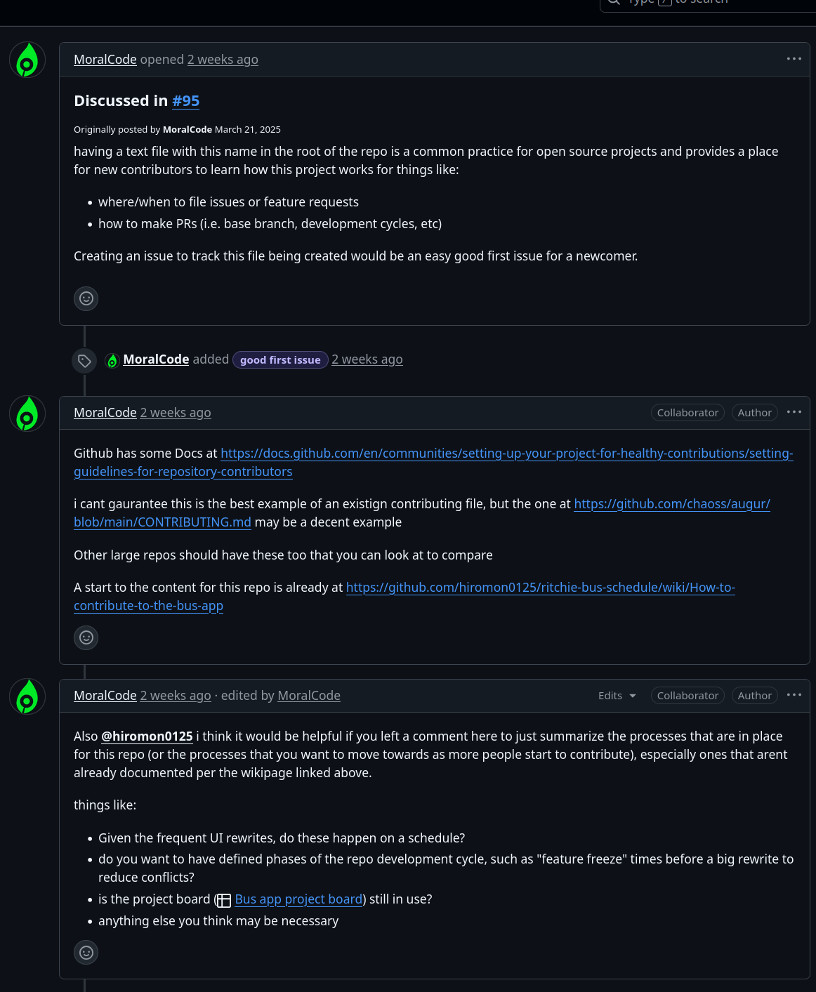 Github message from Adrian responding to an issue for a markdown document