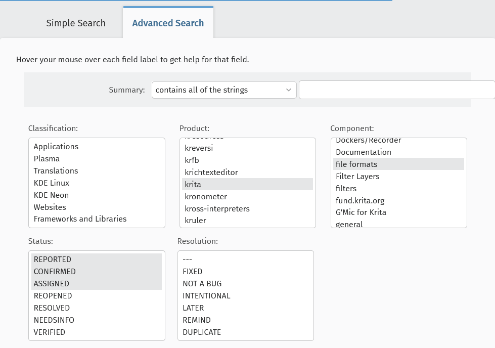 searching for krita issues in the bug tracker