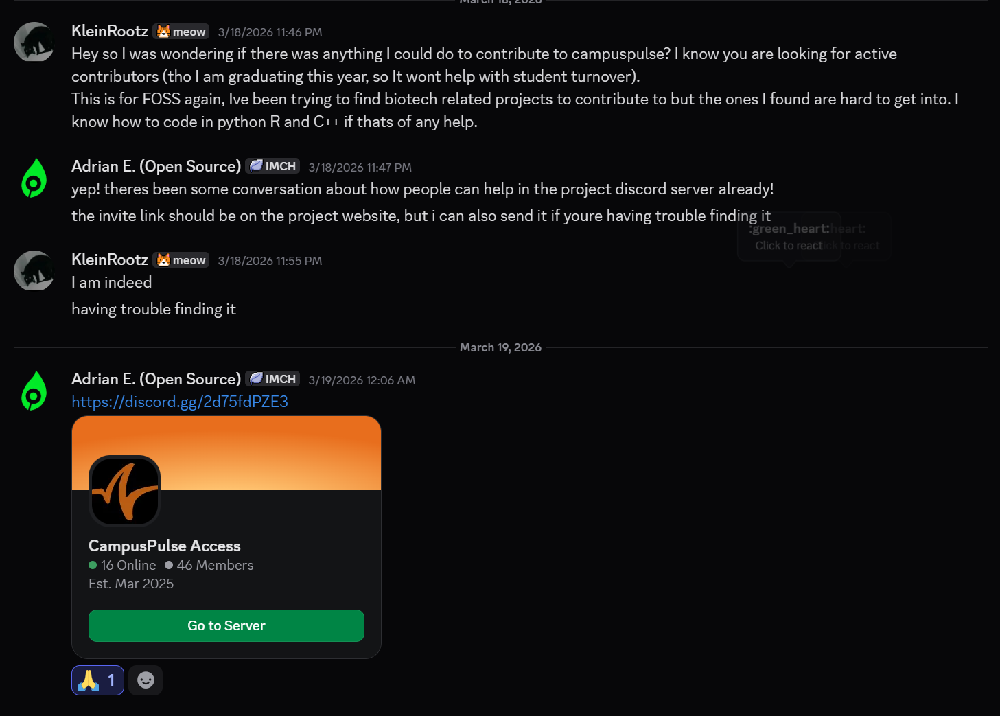 Picture of Discord Correspondence where I text Adrian about how I join the campuspulse access forums