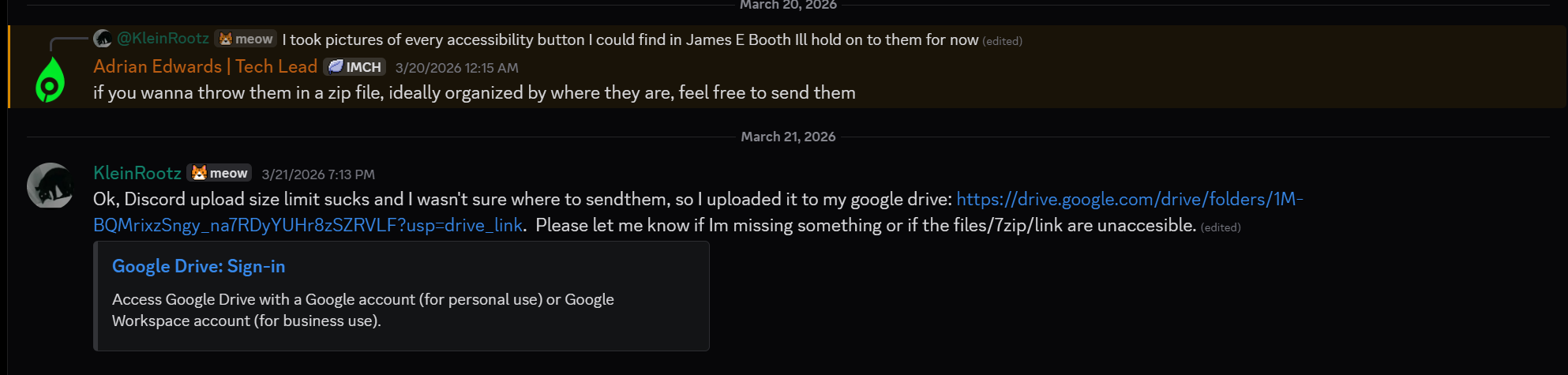Discord chat about how the google drive compresses button photos too poorly to use