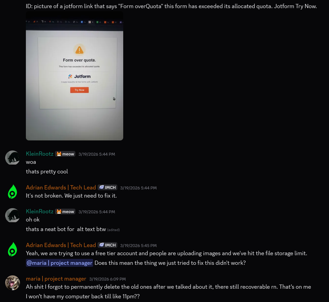 Picture of Discord chat about why the elevator submissions weren't working
